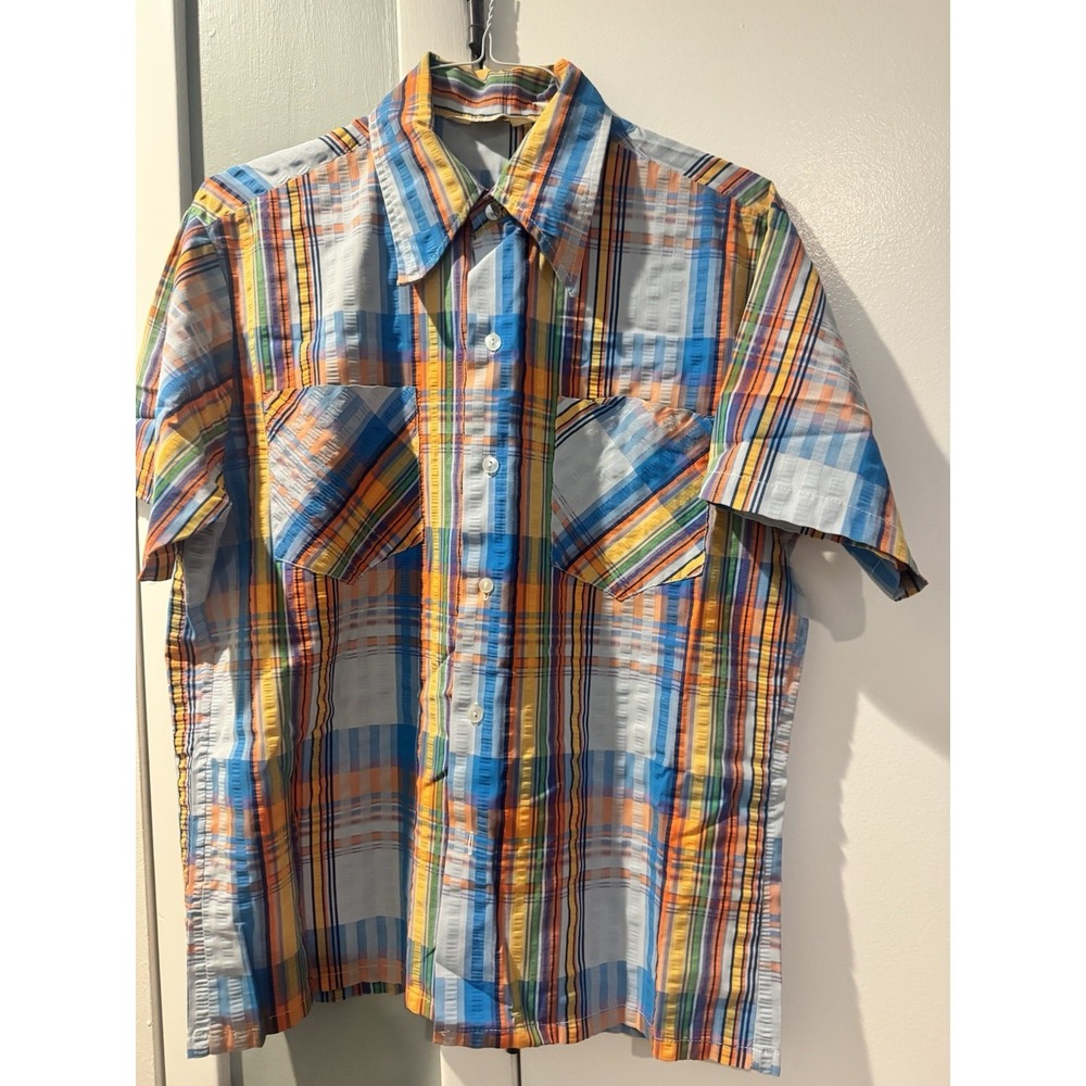 Vintage Montgomery Ward Men's Plaid Multicolor Shirt SS Buttons sz M Rockabilly